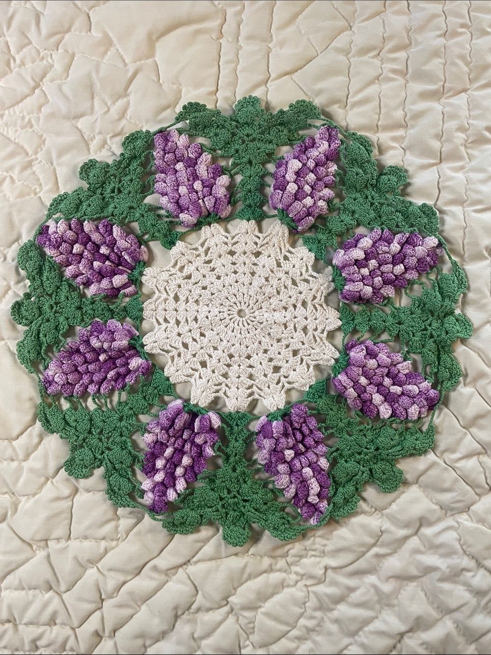 Handmade Crochet Floral Doily in Purple, Green and Cream